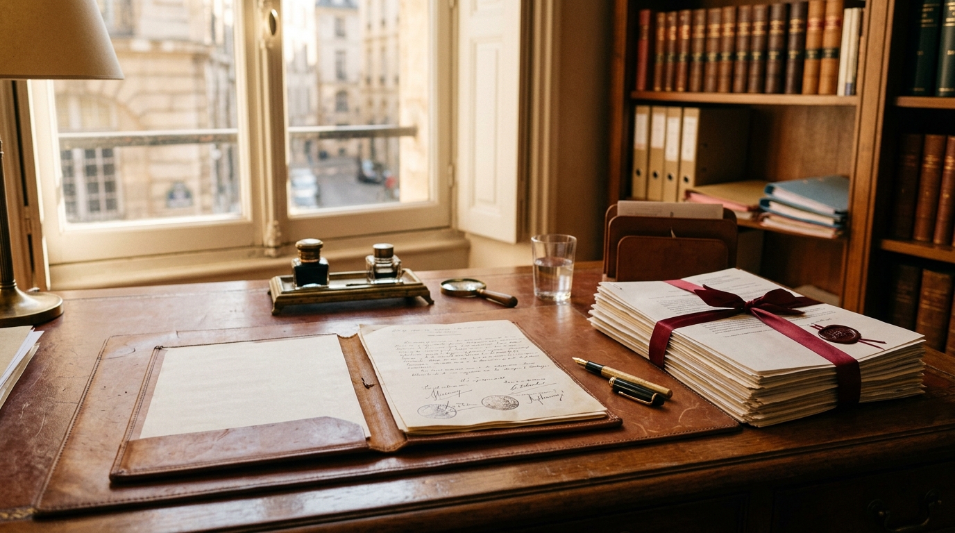 Bureau de notaire avec dossier et stylo plume