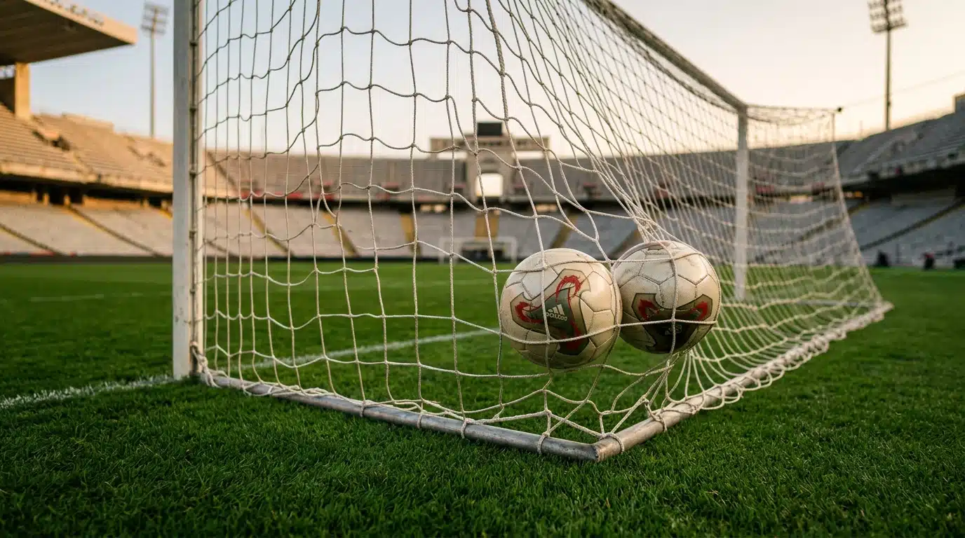 Deux ballons de football dans les filets d'un but