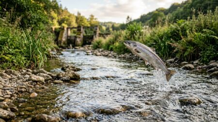 Saumon bondissant dans une rivière claire au pied d'un ancien barrage