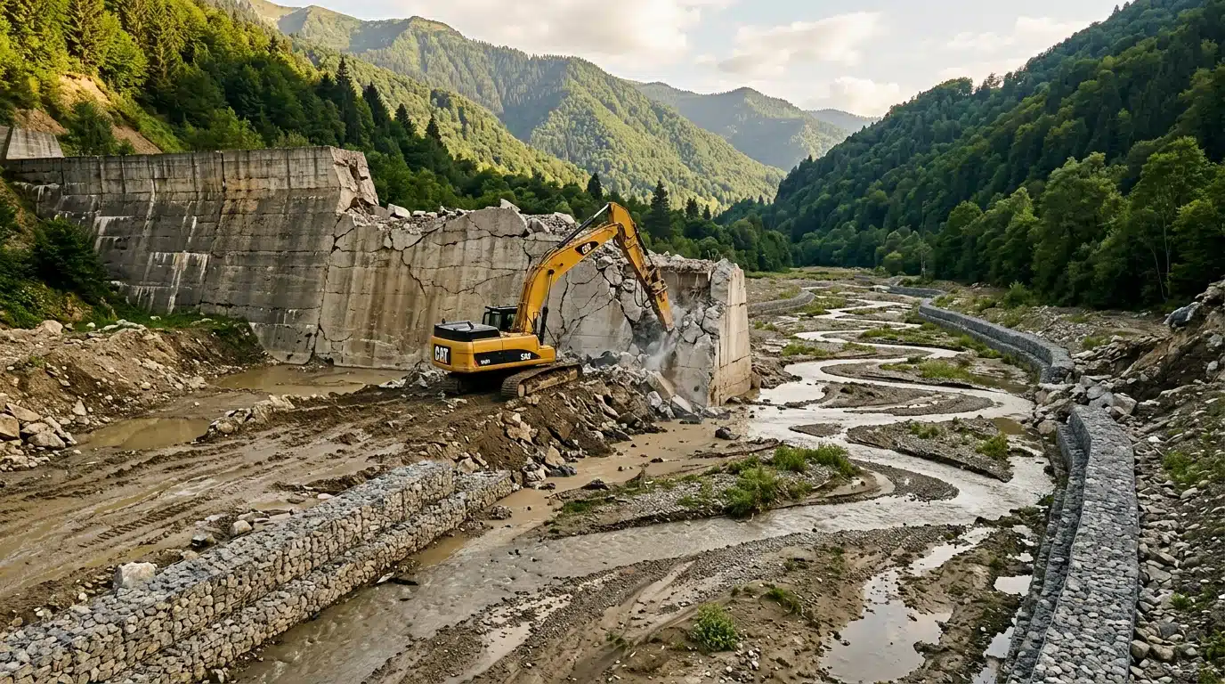 Pelleteuse démolissant un grand mur de barrage en béton