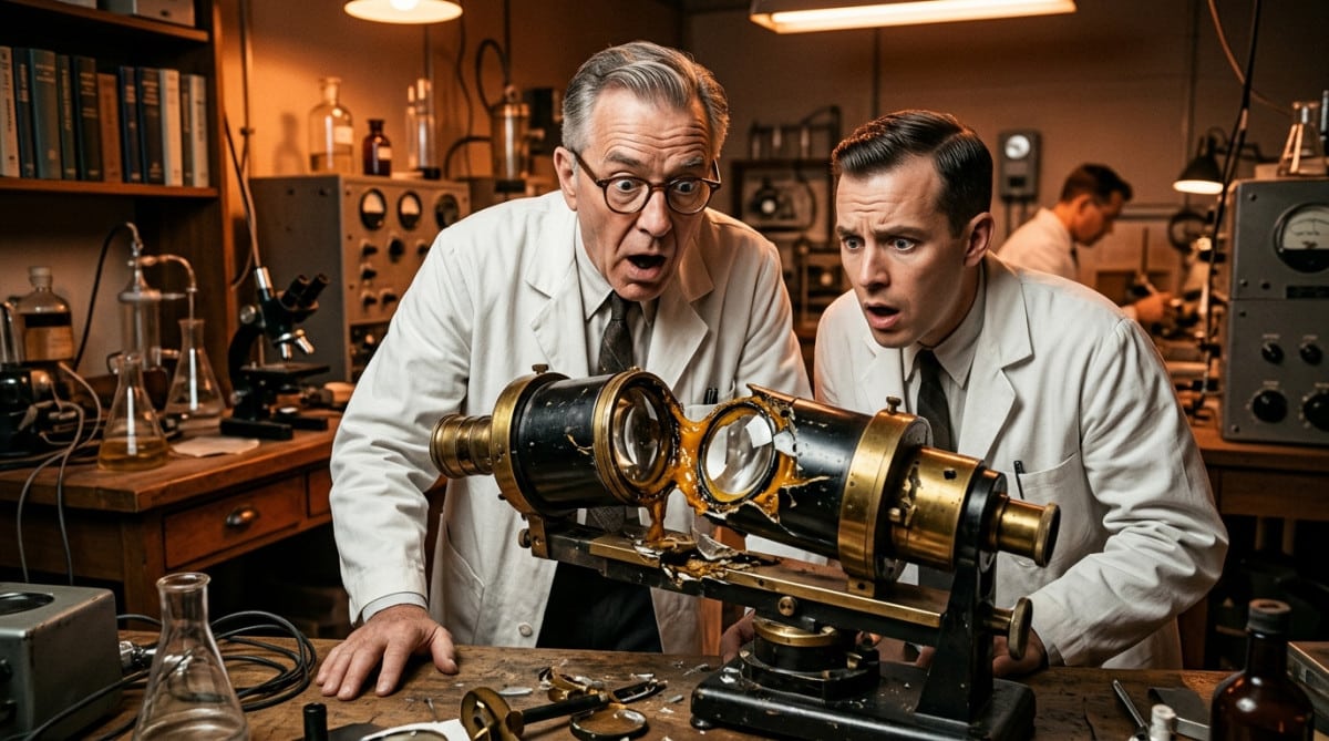 Deux chercheurs devant un instrument optique collé définitivement