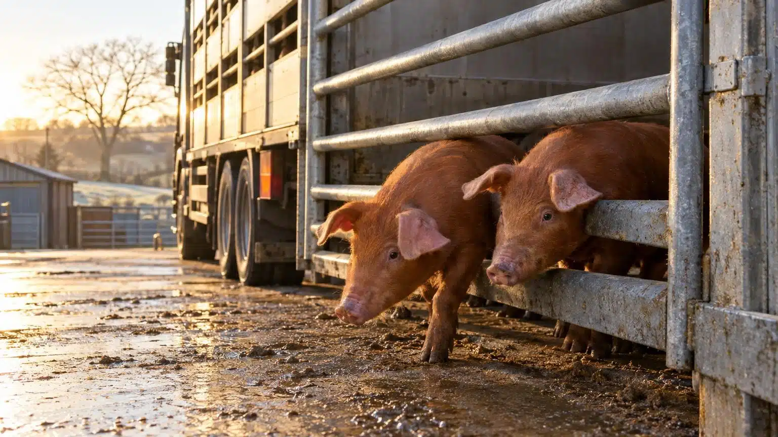 Deux jeunes cochons Tamworth s'échappent sous une clôture d'abattoir