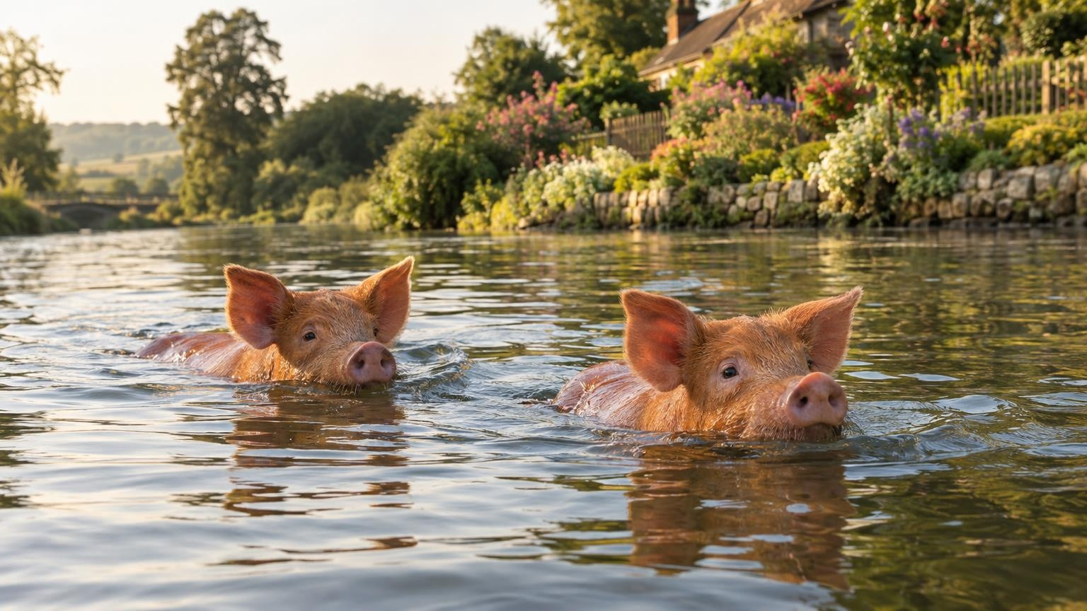 Deux cochons roux traversent une rivière anglaise à la nage