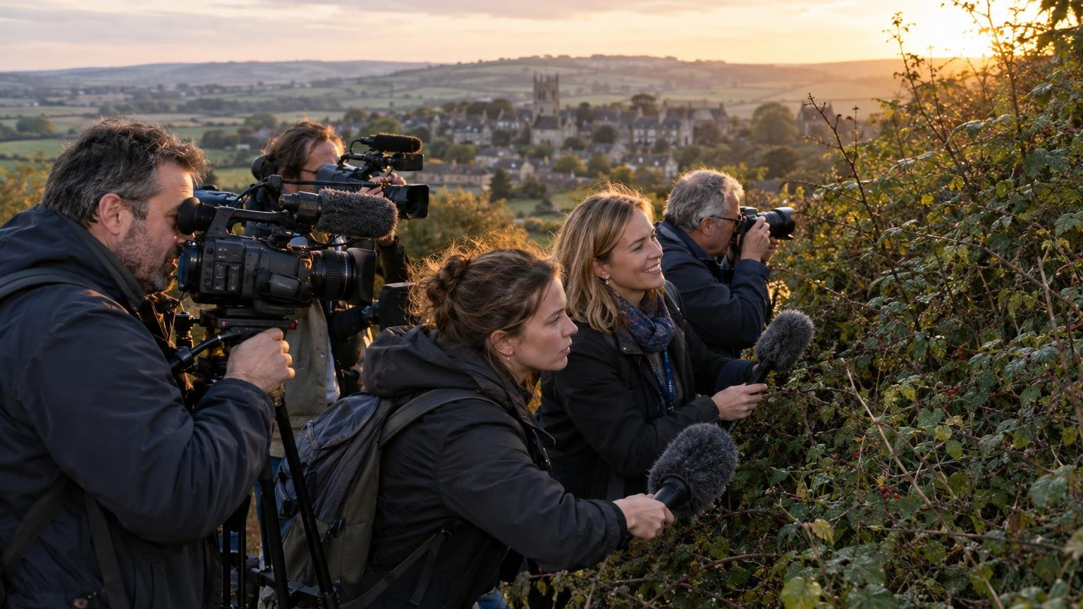 Journalistes réunis devant un fourré où se cachent les cochons