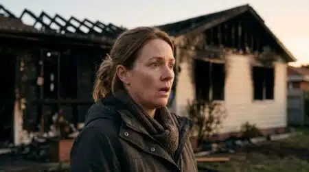 Propriétaire stupéfait devant une maison noircie par l'incendie