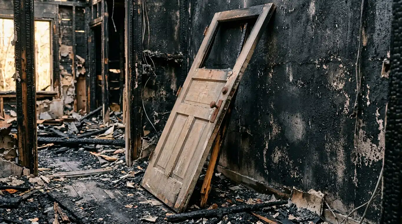 Porte arrière démontée dans une maison calcinée