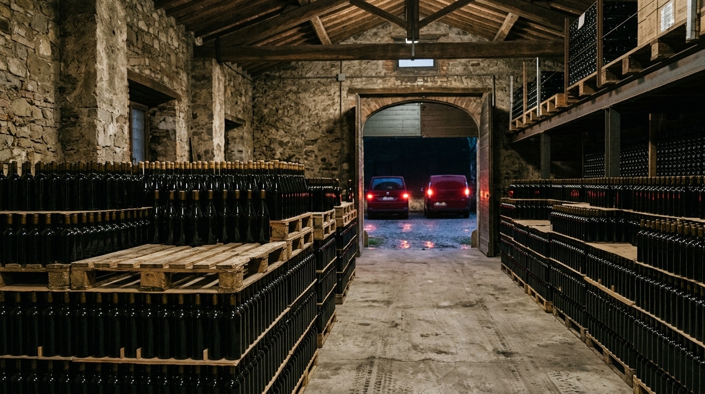 Entrepôt de vin toscan avec palettes de bouteilles à moitié vidées