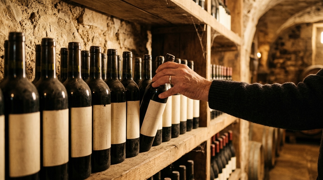 Main de collectionneur près de bouteilles de rouge en cave de pierre