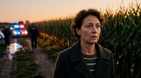 Témoin choqué devant un champ de maïs au crépuscule