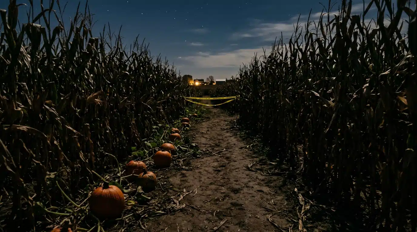 Allée étroite dans un labyrinthe de maïs de nuit