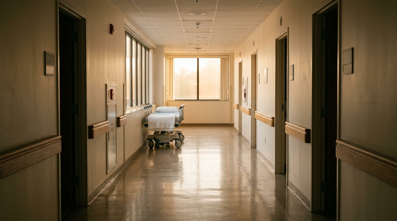 Couloir d'hôpital vide avec un brancard au loin