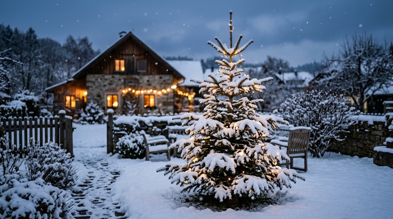 Sapin saupoudré de neige devant une maison éclairée