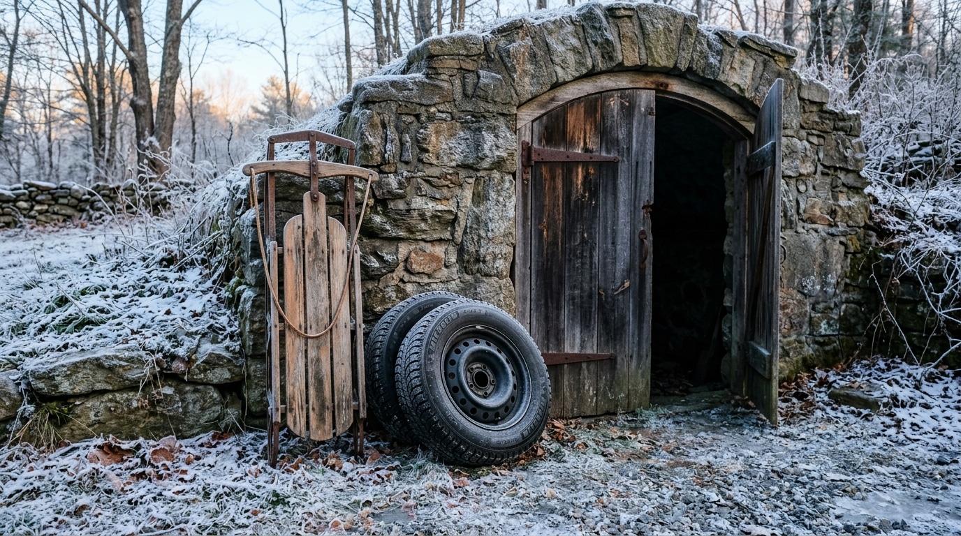 Luge en bois et pneus hiver devant une porte de cave