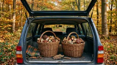 Deux paniers de cèpes dans un coffre de voiture