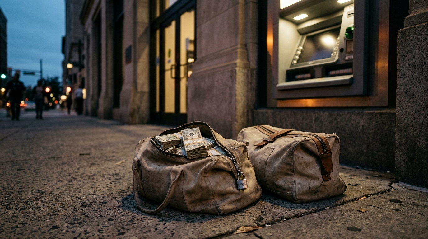 Deux sacs de toile près d'un distributeur de billets