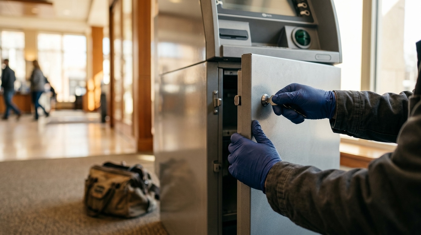 Mains gantées d'un technicien refermant un distributeur automatique