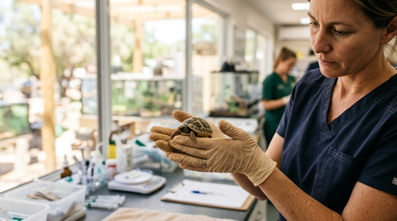 Mains de soigneur tenant délicatement une minuscule tortue