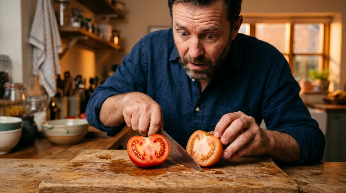 Deux tomates coupées, l'une juteuse, l'autre farineuse