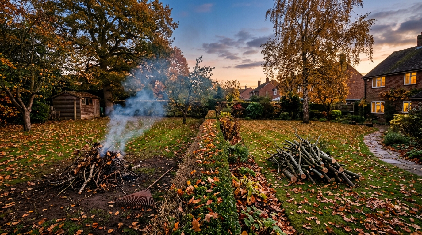 Deux jardins voisins, un tas de branches fumant