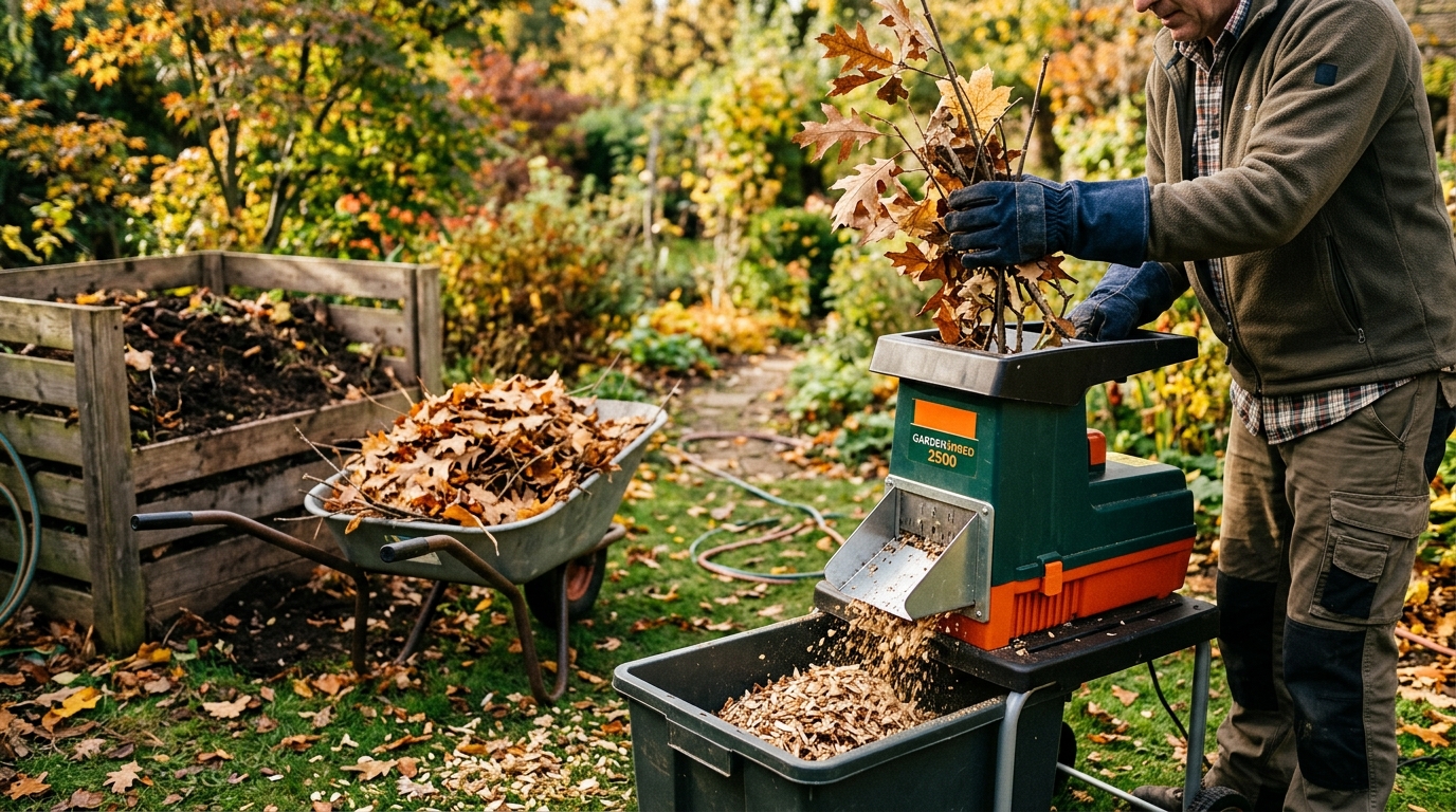Mains gantées broyant des branches au jardin