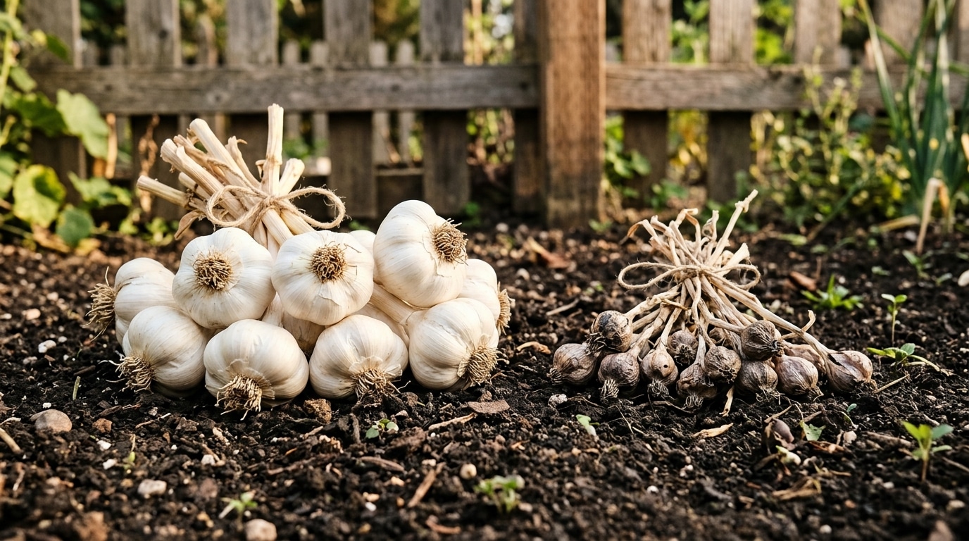 Grosses têtes d'ail à côté de petits bulbes chétifs