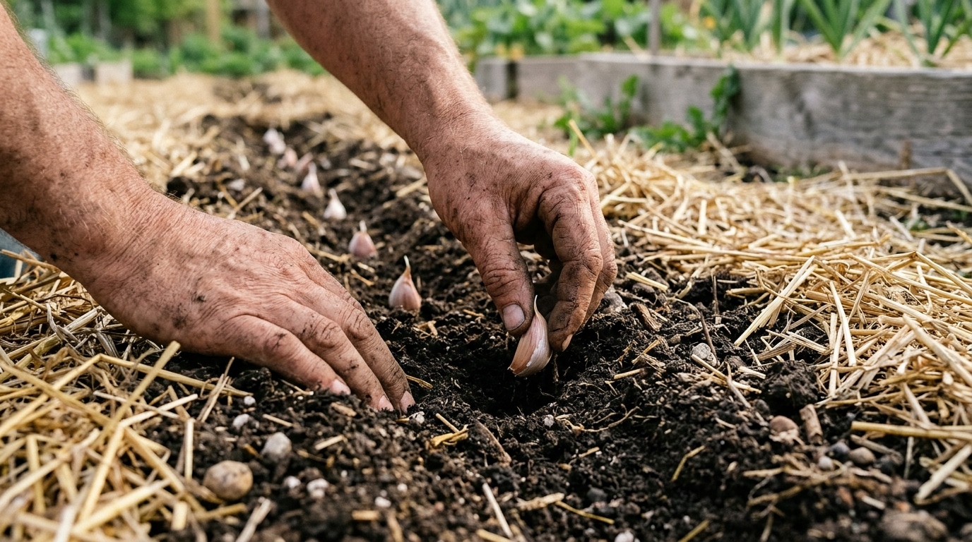 Mains plantant une gousse d'ail pointe vers le haut
