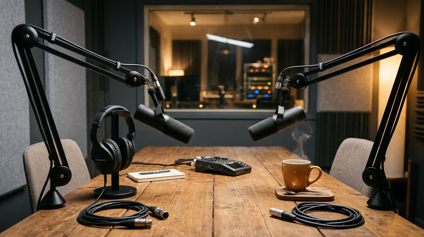 Plateau de podcast vide avec micros et casques, où le nom de Diam's a resurgi