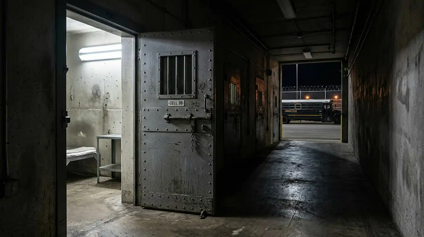 Porte de cellule métallique entrouverte dans un couloir sombre, avec un bus garé derrière une clôture basse au loin
