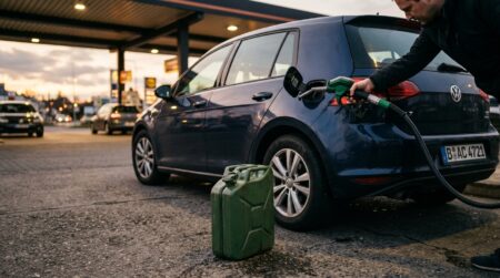 Pistolet de pompe diesel et jerrican à la station