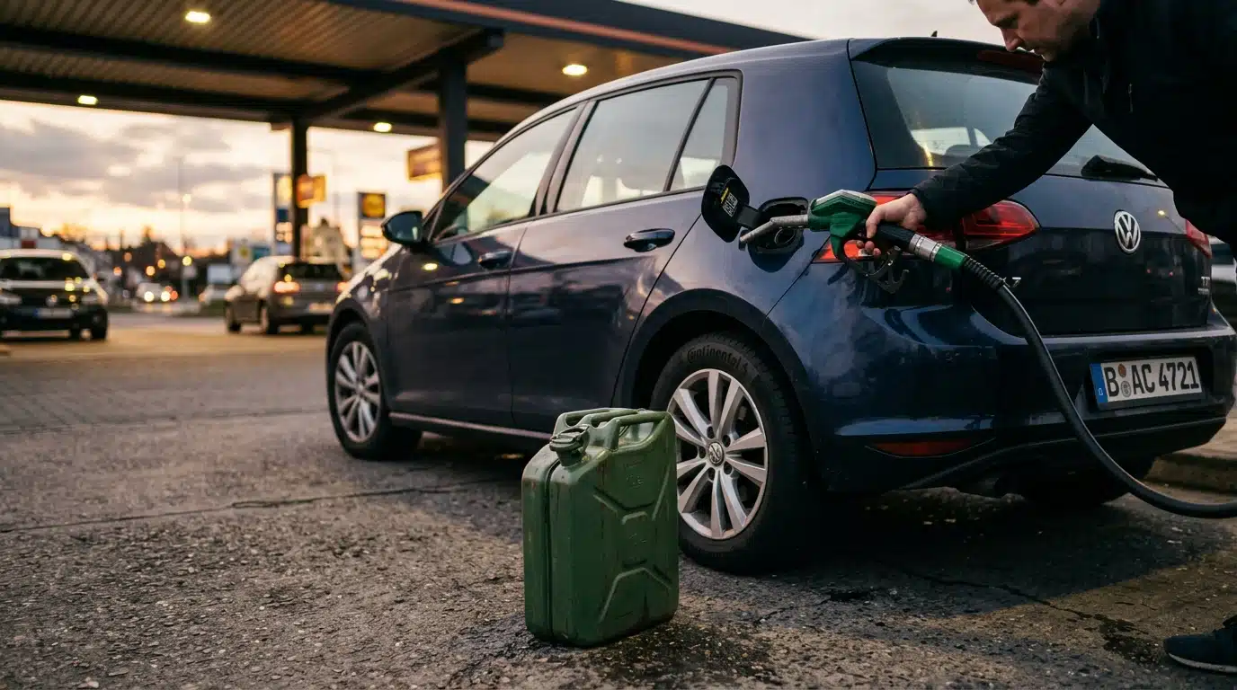 Pistolet de pompe diesel et jerrican à la station