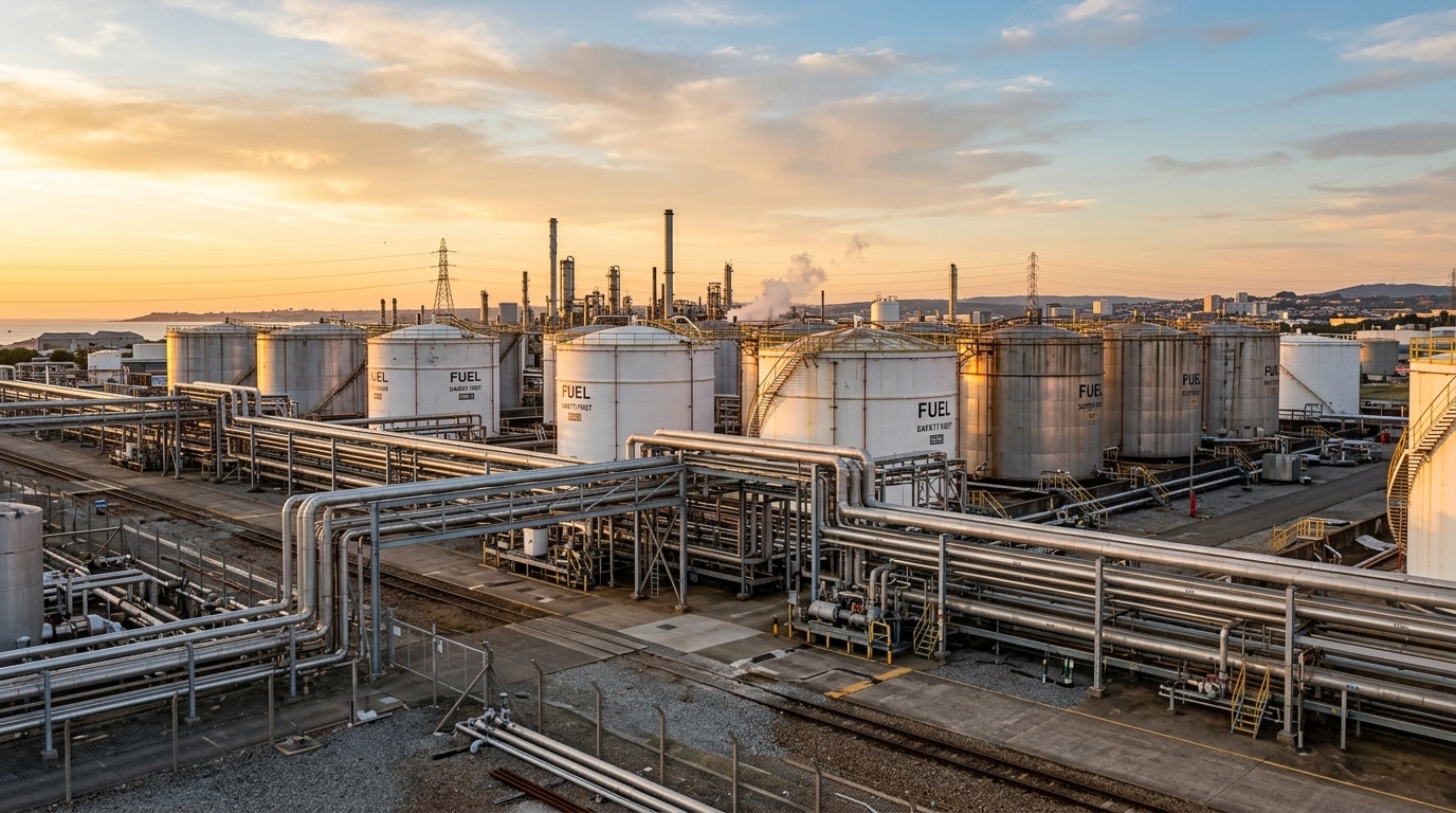 Grands réservoirs de stockage de carburant au crépuscule