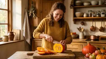 Femme découpant un potimarron dans une cuisine chaleureuse