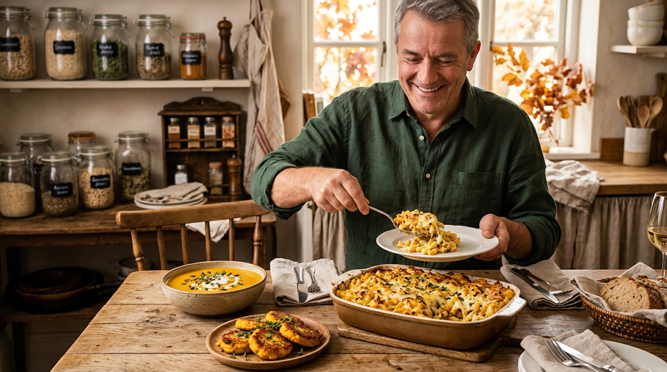 Gratin de pâtes, velouté et galettes de potimarron sur la table