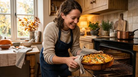 Femme sortant un gratin de pâtes doré du four