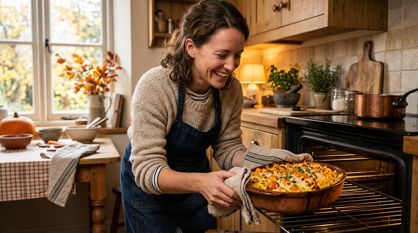Femme sortant un gratin de pâtes doré du four