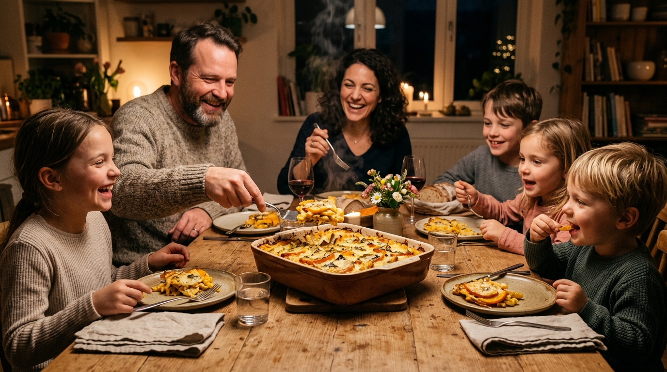 Famille partageant un gratin de pâtes au potiron
