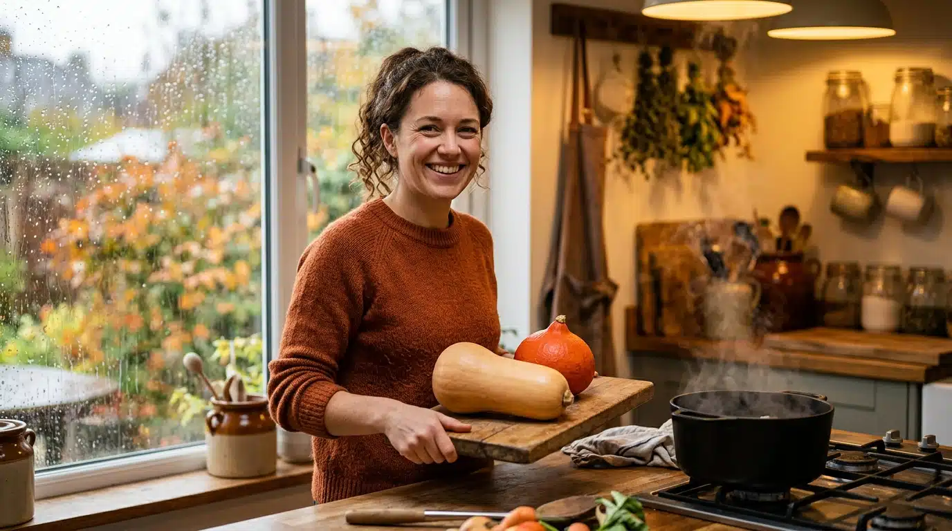 Femme souriante tenant deux courges dans sa cuisine un dimanche pluvieux