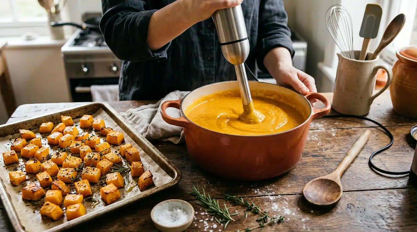 Cubes de butternut rôtis et velouté de potimarron en préparation