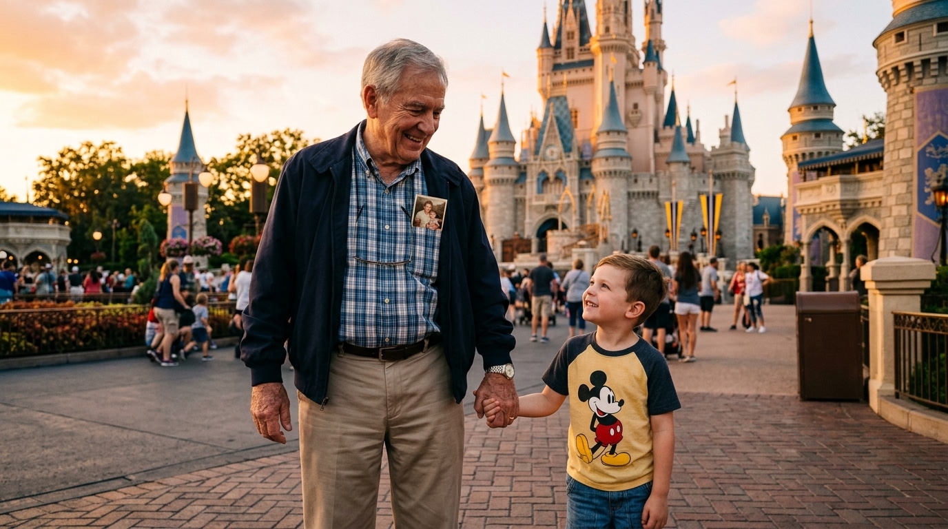 Grand-père et petit-fils devant le château de Cendrillon