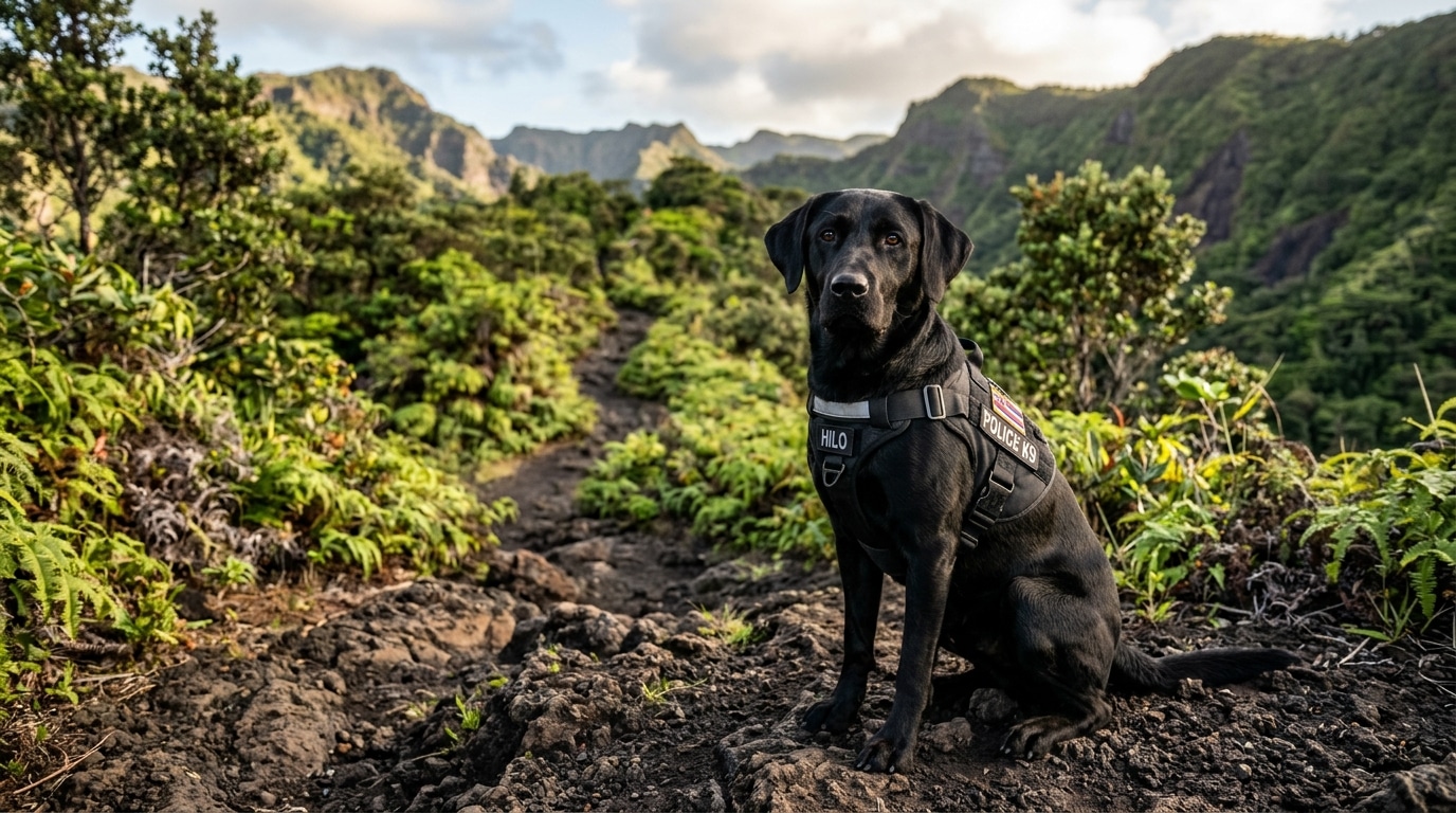 Chienne labrador policière assise sur un sentier volcanique