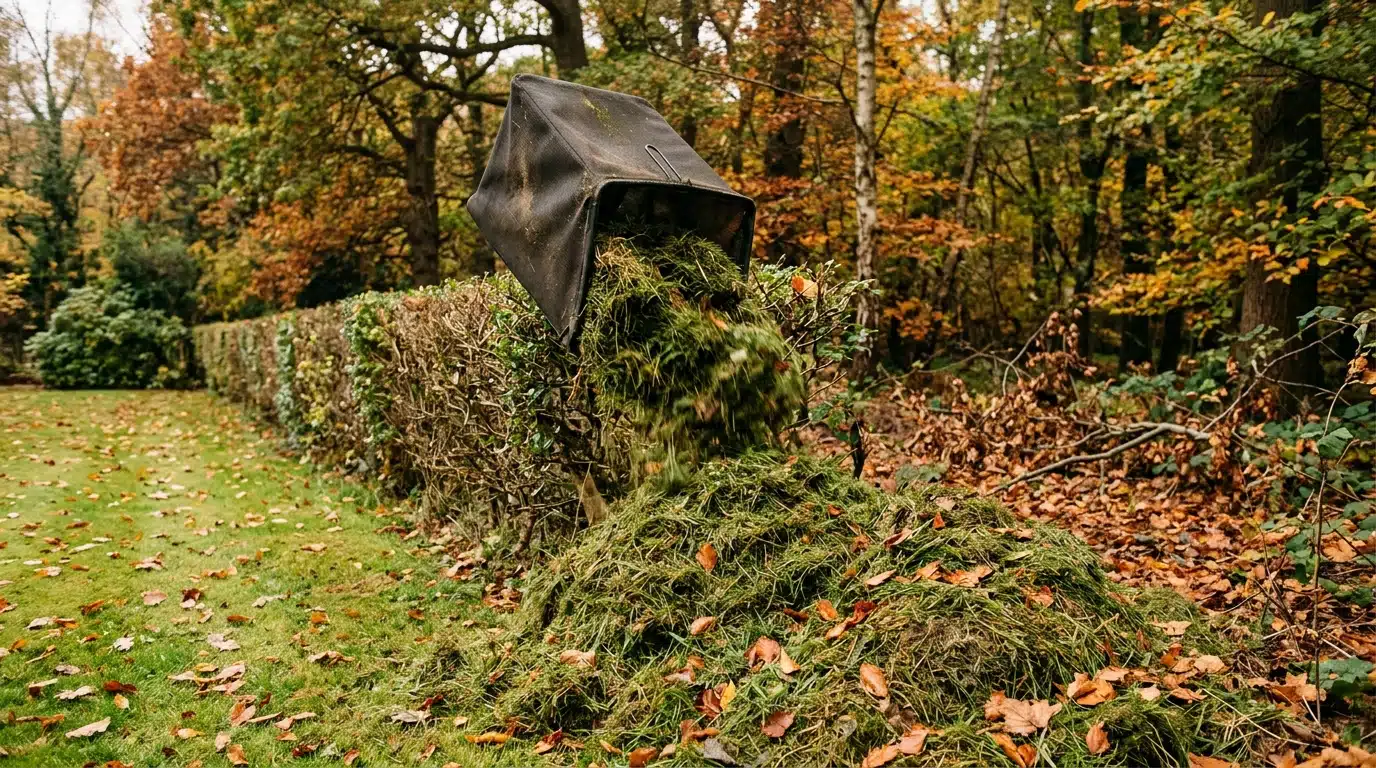 Tas d'herbe de tonte au pied d'une haie, lisière de bois