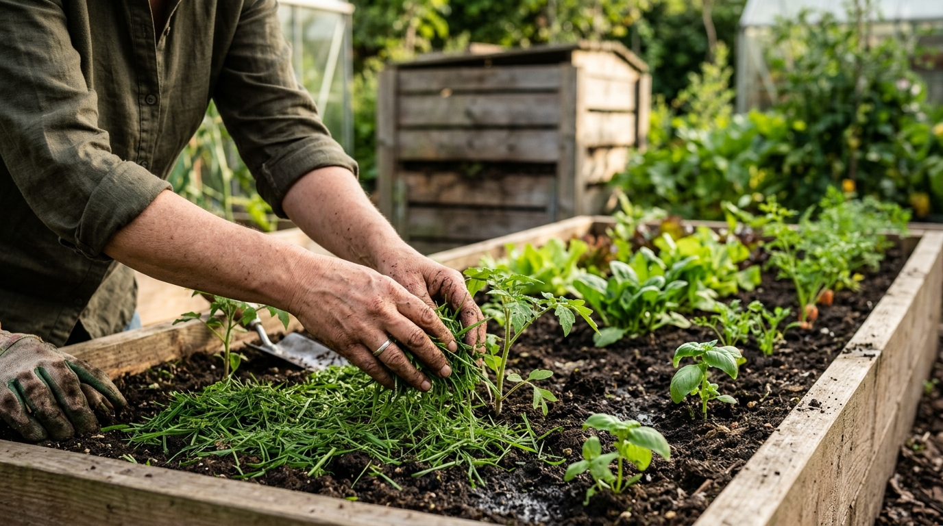 Mains étalant de l'herbe coupée en paillage au potager