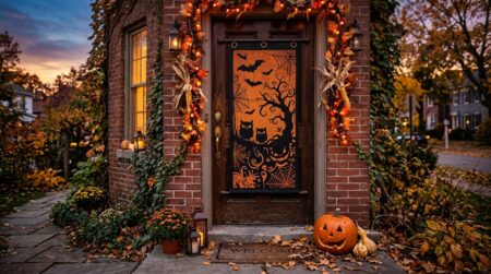 Porte d'entrée ornée d'une grande décoration d'Halloween