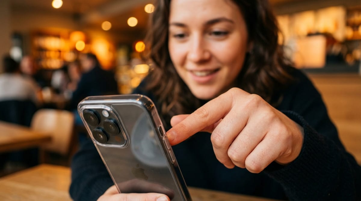 Doigt tapotant la coque arrière d'un iPhone