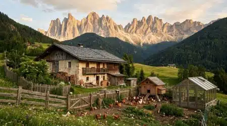 Ferme rurale face aux sommets des Dolomites
