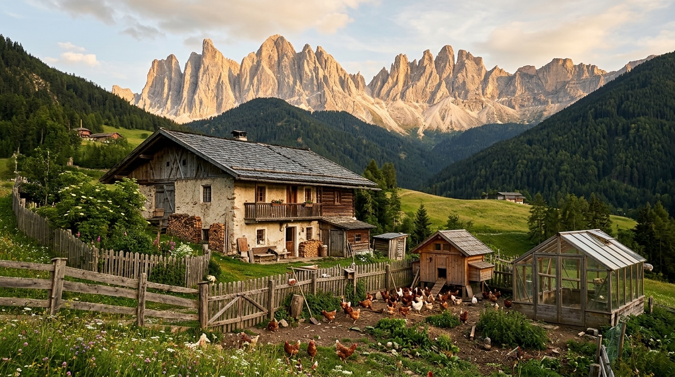 Ferme rurale face aux sommets des Dolomites