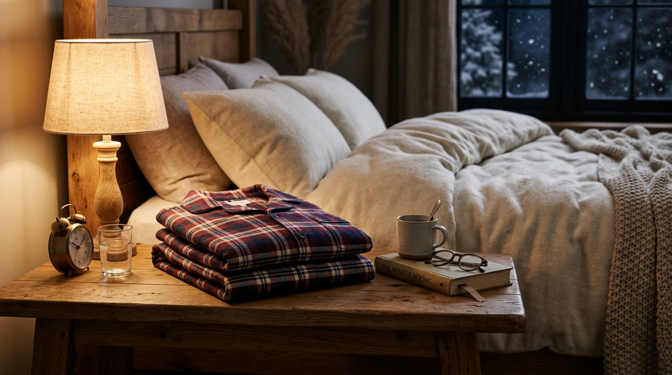 Pyjama plié sur une table de chevet près du lit