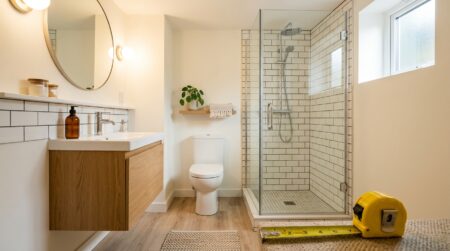 Salle d'eau neuve au sous-sol avec mètre ruban