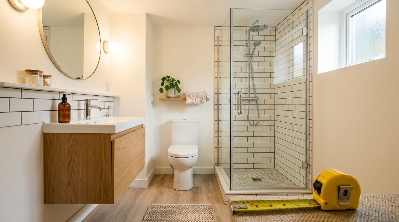 Salle d'eau neuve au sous-sol avec mètre ruban