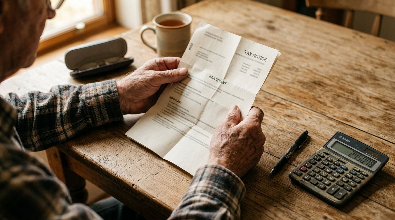 Mains d'un retraité sur un avis d'impôt, calculatrice à côté